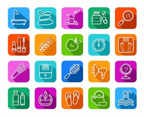 Beauty and health, icons, line, color, vector. Care for body and face. The white contour icons on color background with a shadow. Flat, vector clip art.  