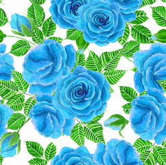 Blue roses with leaves and buts painted in watercolor. Seamless pattern for designing wedding invitations, cards and more.
