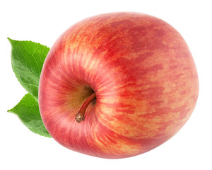 Isolated apple. Whole red apple fruit with leaves isolated on white, with clipping path