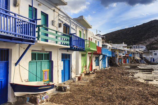 Syrmata, traditional fishermen's encampments with brightly painted woodwork, fishing village of Klima, Milos, Cyclades, Greek Islands, Greece, Europe