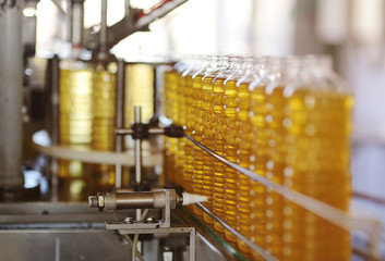 Sunflower oil. Line for the production and bottling of refined oil from sunflower seeds. Conveyor of food industry