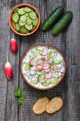 Appetizing vegetarian cold soup and fresh cucumbers