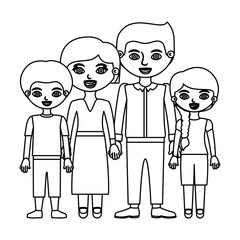 sketch silhouette family group with parents in formal suit and children in casual clothes vector illustration