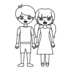 sketch silhouette couple boy in shorts and girl in dress with taken hands vector illustration