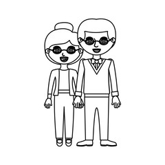 sketch silhouette couple with glasses in casual clothing with taken hands vector illustration