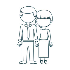 blue contour faceless couple woman with side ponytail hair and man with necktie and taken hands vector illustration