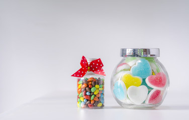 Heart candies coated with sugar,colorful sweet candies, sugar heart shaped candy 14 february