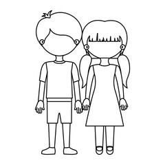 sketch silhouette faceless couple girl with pigtails hair and boy in shorts and taken hands vector illustration