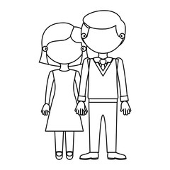 sketch silhouette faceless couple woman with short hair and man with bowtie and taken hands vector illustration
