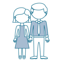 blue contour with color sections faceless couple woman with short hair in dress and man with tie and taken hands vector illustration