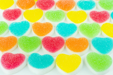 Heart candies coated with sugar, heart colorful sweet candies, sugar heart shaped candy