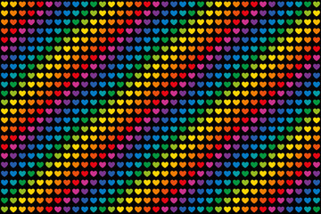 Rainbow colored hearts pattern endless tile. Heart symbols in twelve unique color hues. Can be used as endless background or wallpaper. Isolated illustration on black background. Vector.
