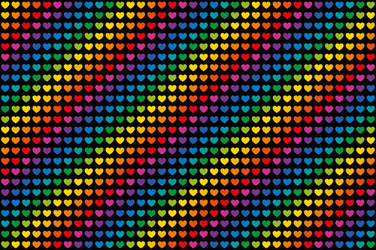 Rainbow colored hearts pattern endless tile. Heart symbols in twelve unique color hues. Can be used as endless background or wallpaper. Isolated illustration on black background. Vector.