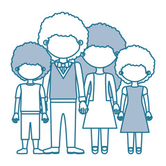 blue contour with color sections faceless curly hair family group in formal suit and taken hands vector illustration