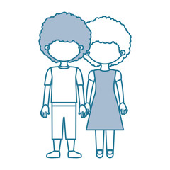 blue contour with color sections faceless curly couple girl with dress and boy in casual clothing and taken hands vector illustration