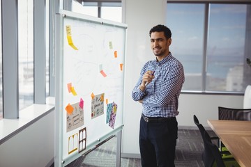 Portrait of smiling executive standing near whiteboard