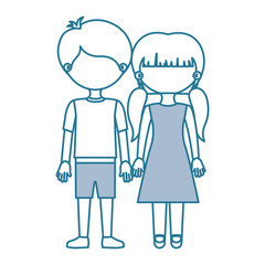 Obraz na płótnie Canvas blue contour with color sections faceless couple girl with pigtails hair and boy in shorts and taken hands vector illustration
