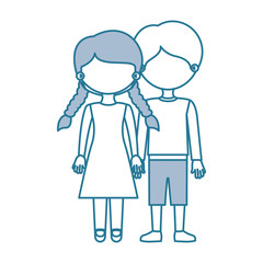 blue contour with color sections faceless couple girl with braids hair and boy in shorts and taken hands vector illustration