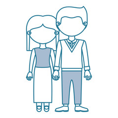 blue contour with color sections faceless couple woman with short hair and man with formal suit and taken hands vector illustration