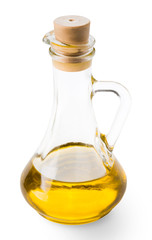 Olive oil in glass bottle isolated on white background