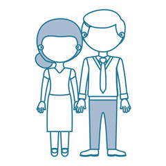 blue contour with color sections faceless couple woman with skirt and blouse with man in formal style and taken hands vector illustration