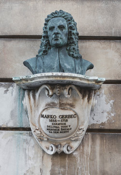 Monumant of Marco Gerbek. Photo depicting a Bust of Marco Gerbek. Europe, Slovenia, Ljubljana city. Old green bronze.
