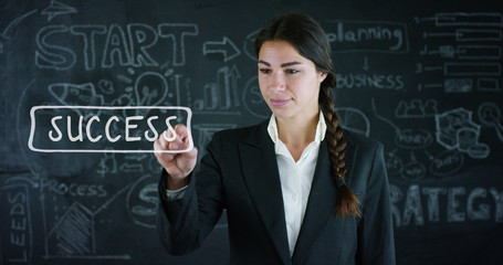 Futuristic portrait of a beautiful business girl (student) making a selection of Success in the background of a black board Concept ideas university college question choice of profession think future