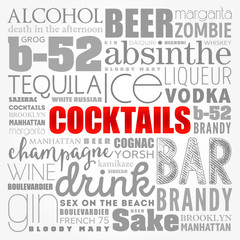 Different cocktails and ingredients, word cloud collage, design concept background