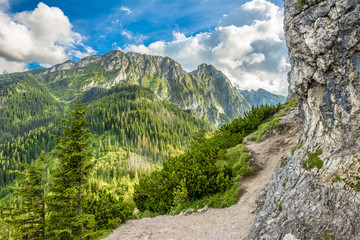 Peak of mountain in Tatra Mountains, view of Giewont from top of Sarnia Skala, summer, landscape, Poland