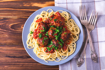 Traditional Italian spaghetti pasta with beef meatballs