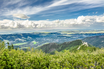 Fototapeta na wymiar Panorama of mountains valley, view of Zakopane from the top of mountain, Tatry, Poland