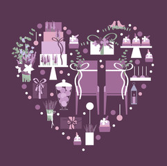 Wedding cake, gifts and trees in frame with heart. Vector illustration.