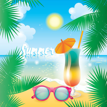Multicolored cocktail on the background of the beach, the sea and palm branches. Vector illustration for a postcard or a poster. Night club or bar. Summer.