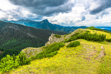 Landscape of mountains in spring, panoramic vista from the top on the edge of precipice, mountain range covered forest