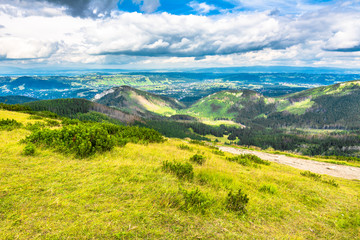 Panoramic view of mountains, spring landscape with hiking trail and fresh green grass