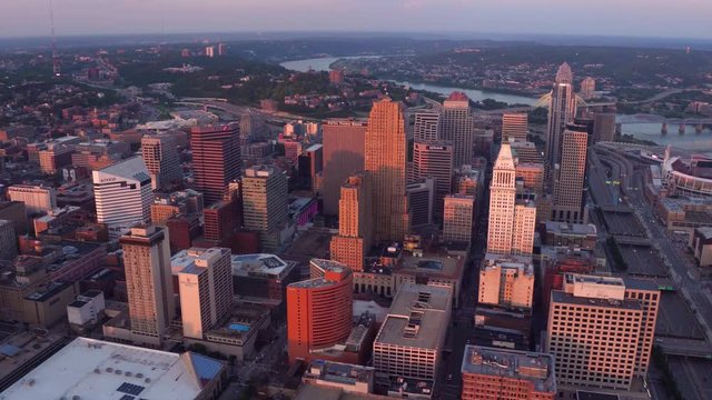 Aerial view of Cincinnati, Ohio at sunset