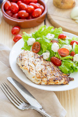 Grilled Chicken Fillet with Vegetables, Healthy Food Concept, Vertical View