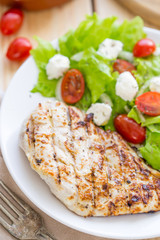 Grilled Chicken Breast with Cherry Tomatoes, Lettuce and Feta Cheese Salad, Vertical View