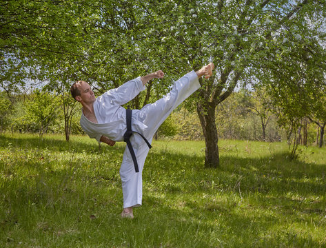 A high kick athlete strikes the  against the background of nature 