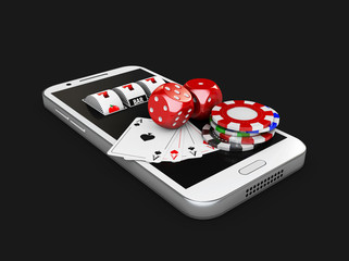 3d Illustration, Mobile phone and slot machine with play card, dice and chips, Online casino concept. isolated black