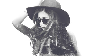 Double exposure,Beautiful girl and cityscape.