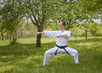 Against the background of nature, a master with a black belt beats two blows with his hands 