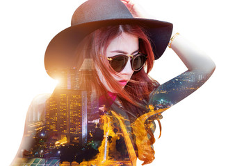 Double exposure,Beautiful girl and cityscape.