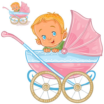 Vector illustration of a baby lies in a pram and smiling, side view. Print, template, design element