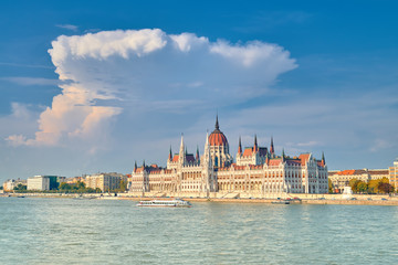 Parliament building in Budapest, Hungary on a bright sunny day, toned image