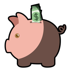 colorful silhouette of moneybox in shape of pig with dollar bill and half shadow vector illustration