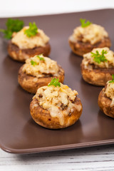Stuffed Mushrooms with Breadcrumbs and Cheese. Selective focus.
