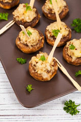 Stuffed Mushrooms with Breadcrumbs and Cheese. Selective focus.