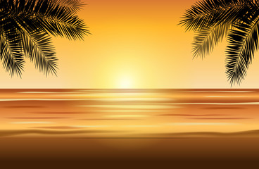 Tropical landscape with sunset on the beach and silhouettes of palm trees - vector illustration