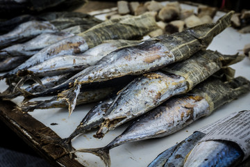 Salted fish sells in traditional fish market photo taken in Bogor Indonesia